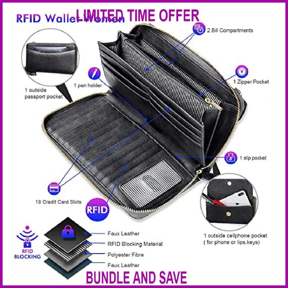 RFID Blocking Wristlet Crossbody Clutch with Multiple Compartments & Straps - Picture 5 of 8